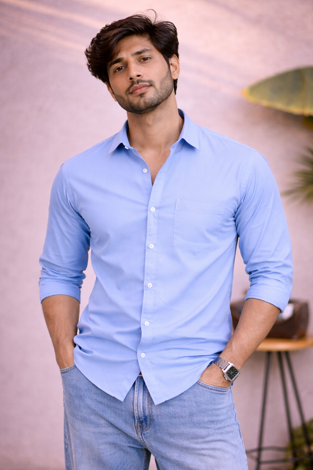 Men's Ice Blue Cotton Shirt