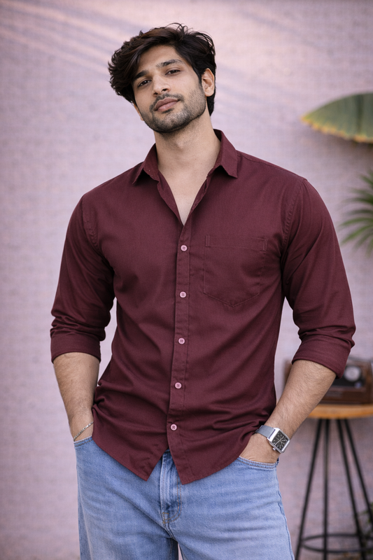 Men's Solid Maroon Cotton Shirt