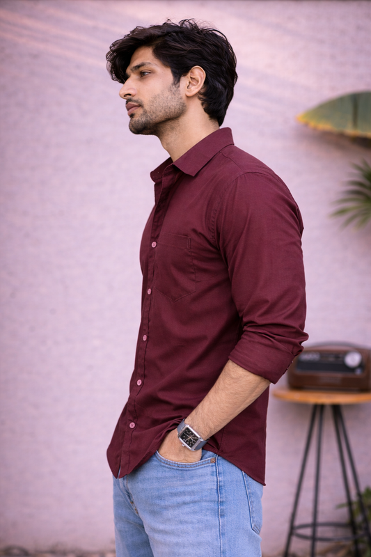 Men's Solid Maroon Cotton Shirt